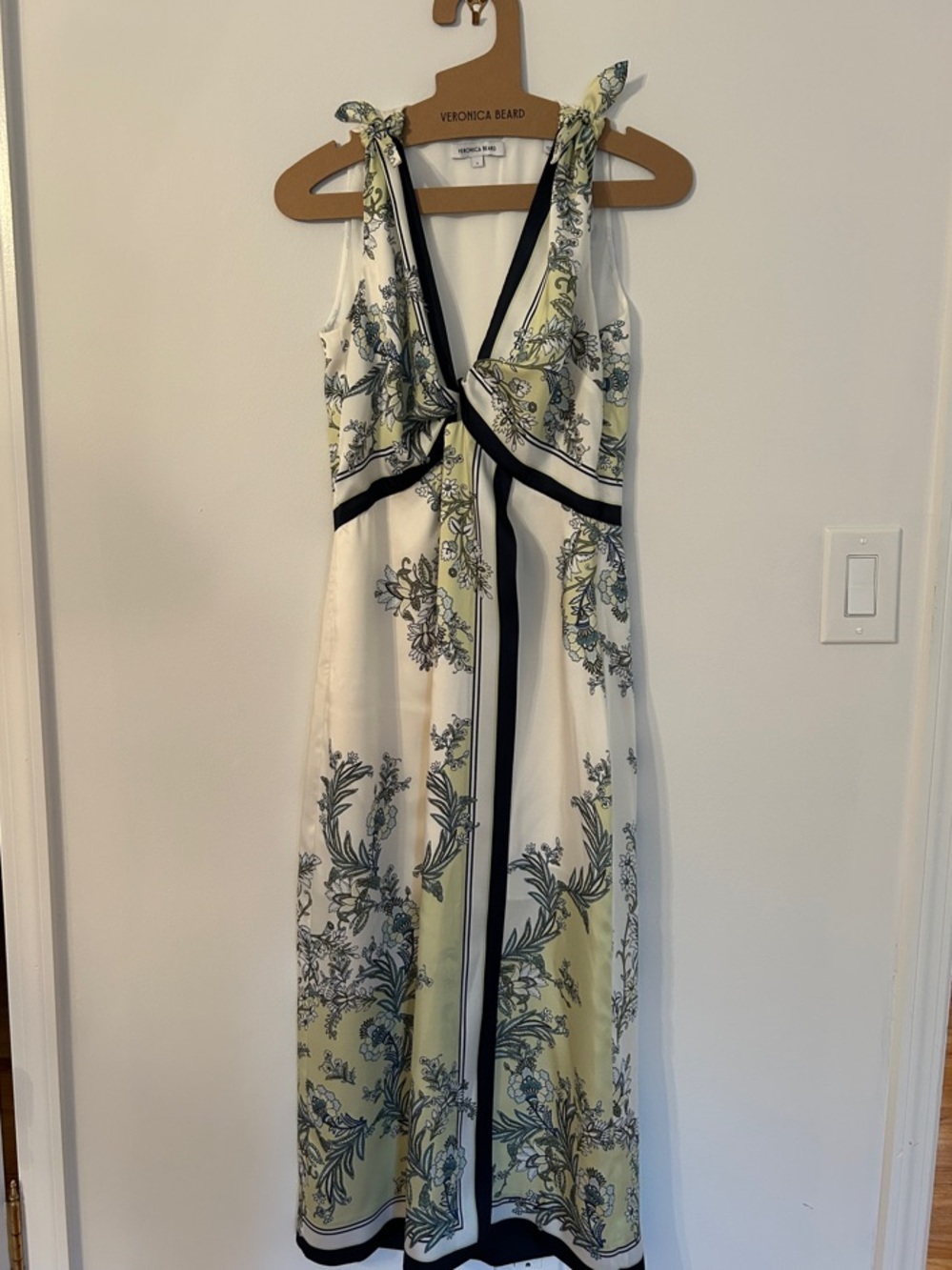 Veronica Beard Midi Dress. Ivory, with soft Green & Navy Florals.